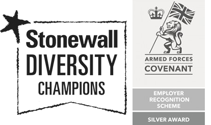 Stonewall Diversity Champions and Armed Forces Covenant Employer Recognition Scheme Silver Award logos