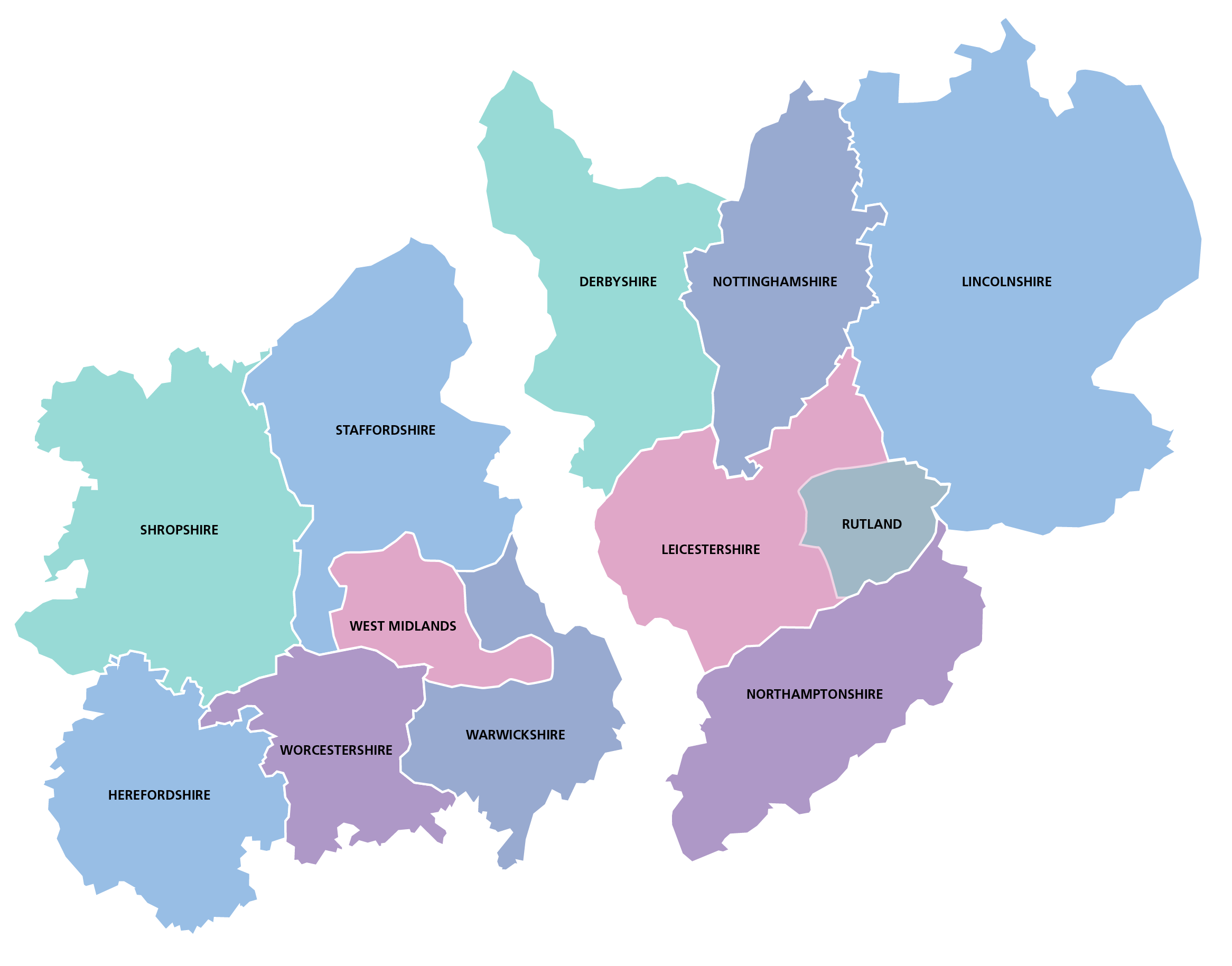 Map of the Midlands Op COURAGE Partnership delivery area split into the East and West Midlands