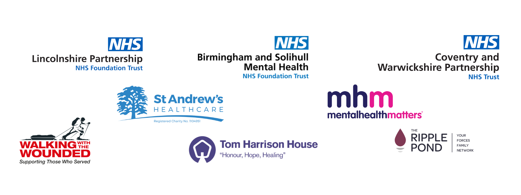 Logos for Midlands Op COURAGE delivery partners: Lincolnshire Partnership NHS Foundation Trust, Birmingham and Solihull Mental Health NHS Foundation Trust, Coventry and Warwickshire Partnership NHS Trust, St Andrew's Healthcare, Walking With The Wounded, The Ripple Pond, Tom Harrison House, and Mental Health Matters.